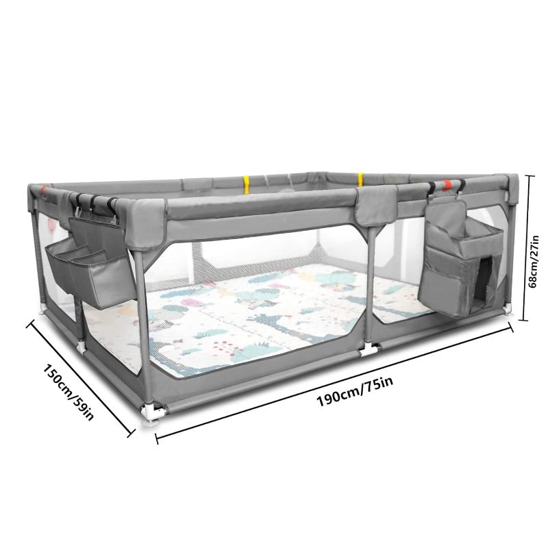 Photo 1 of Baby Playpen with Mat 75"*59", Extra Large Playpen for Babies and Toddlers with Storage Bag, BPA-Free, Non-Toxic, Safe No Gaps Playards for Babies, Sturdy Safety Play Yard for Indoor Outdoor Fun, Grey
