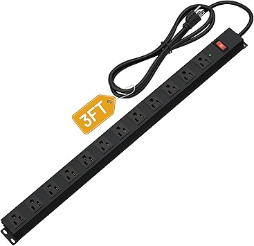 Photo 1 of 12 Outlet Long Power Strip Surge Protector with 2100 Joules, 3FT Power Cord, Wide Spaced Outlet Power Bar, Overload Protection Switch, Industrial Heavy Duty for Work Bench, Shop, Garage (Black)
