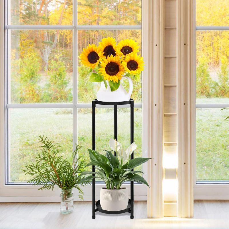 Photo 1 of 2 Tier Tall Plant Stand Indoor, Black Corner Tiered Round Plant Stand for Outdoor Multiple Plants, Metal Flower Pot Stands Holders Plant Shelf Display Rack for Balcony Living Room Garden