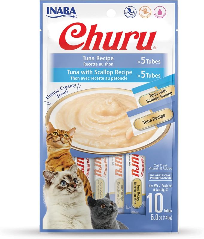 Photo 1 of 2 pack - INABA Churu Cat Treats, Grain-Free, Lickable, Squeezable Creamy Purée Cat Treat/Topper with Vitamin E & Taurine, 0.5 Ounces Each Tube, 10 Tubes Total/Two Flavors, Tuna Variety
