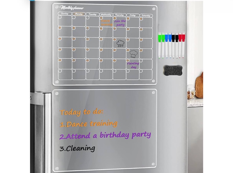 Photo 1 of Magnetic Acrylic Calendar for Fridge, 2Pcs 16"x12" Clear Acrylic Calendar, Dry Erase Fridge Calendar Refrigerator Monthly, includes 4 Colors Markers and Reusable Planner Eraser