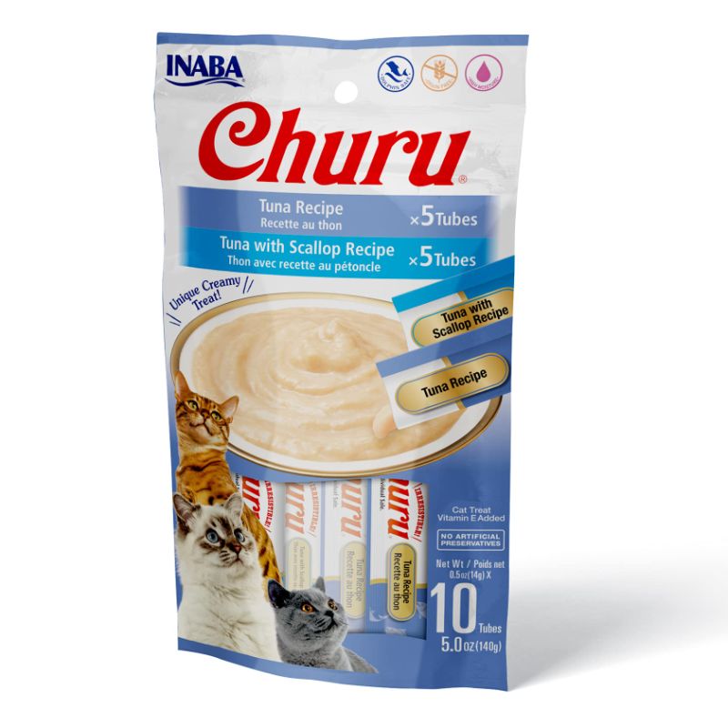 Photo 1 of 2 pack - INABA Churu Cat Treats, Grain-Free, Lickable, Squeezable Creamy Purée Cat Treat/Topper with Vitamin E & Taurine, 0.5 Ounces Each Tube, 10 Tubes Total/Two Flavors, Tuna Variety
best by 08/2024