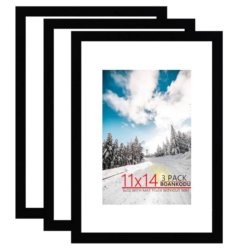 Photo 1 of 11x14 Picture Frame Set of 3, Made of High Definition Transparent Plastic for 8x10 with Mat or 11x14 Without Mat, Wall Mounting Photo Frames, Black