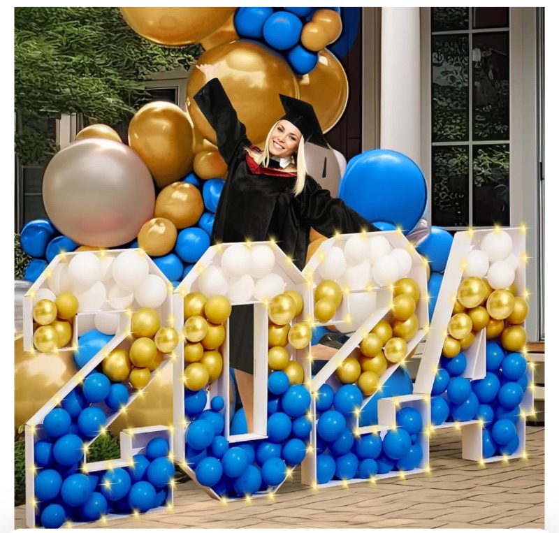 Photo 1 of 2024 Graduation Number Kit 2.5 ft Marquee Large LED Light up Letters Mosaic Balloon Frame with Balloon and LED Light String for 2024 Grad Party Indoor Outdoor Supplies(Blue, Gold, White)