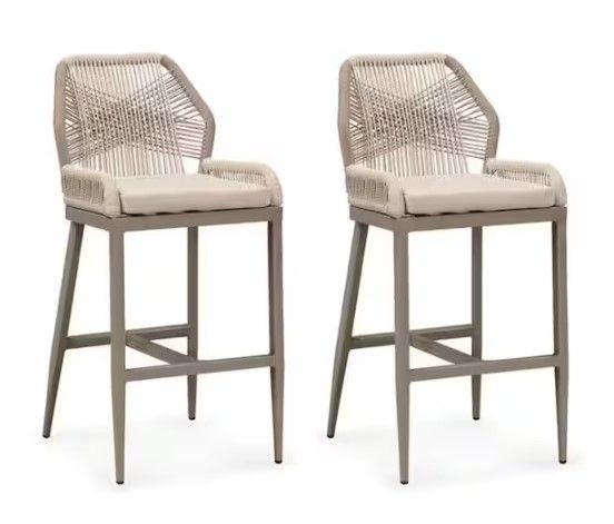 Photo 1 of ***Parts Only***Modern Aluminum Twill Wicker Woven Bar Height Outdoor Bar Stool with Back and Light Gray Cushion (2-Pack)
