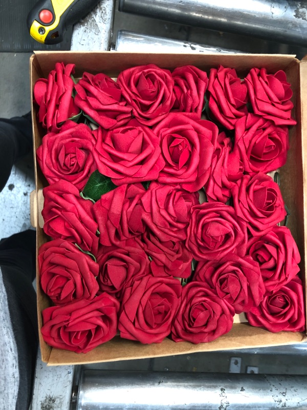 Photo 2 of  Artificial Roses Flowers with stem and 10pcs green leaves Real Looking Fake Roses Artificial Foam Roses Decoration DIY for Wedding,Arrangements Party Home Decorations Dark Red  Regular 3"