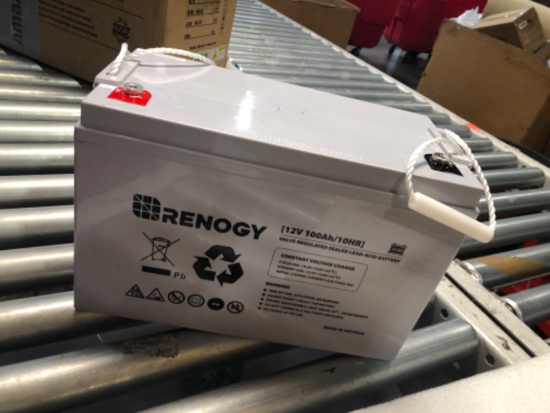 Photo 5 of ***USED - UNABLE TO TEST***
Renogy Deep Cycle AGM 12 Volt 100Ah Battery, 3% Self-Discharge Rate, 1100A Max Discharge Current, Safe Charge Appliances for RV, Camping, Cabin, Marine and Off-Grid System, Maintenance-Free