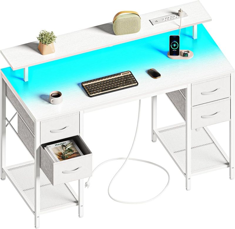 Photo 1 of 47 inch Computer Desk with 4 Drawers, Gaming Desk with LED Lights & Power Outlets, Home Office Desk with Large Storage Space for Bedroom, Work from Home, White
