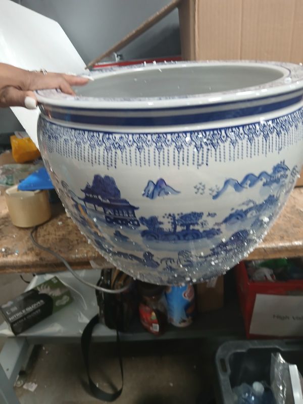 Photo 3 of Oriental Furniture 16" Landscape Blue & White Porcelain Fishbowl Landscape Blue 16" Diameter