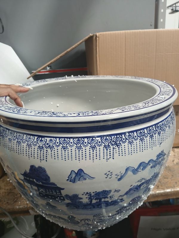 Photo 5 of Oriental Furniture 16" Landscape Blue & White Porcelain Fishbowl Landscape Blue 16" Diameter