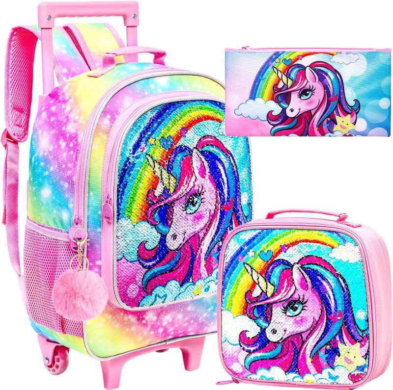 Photo 1 of **pencil bag has brown stains***
FTJCF 3PCS Rolling Backpack for Girls, Kids Unicorn Roller Bookbag with Wheels, Wheeled School Bag Set for Elementary -Rainbow
