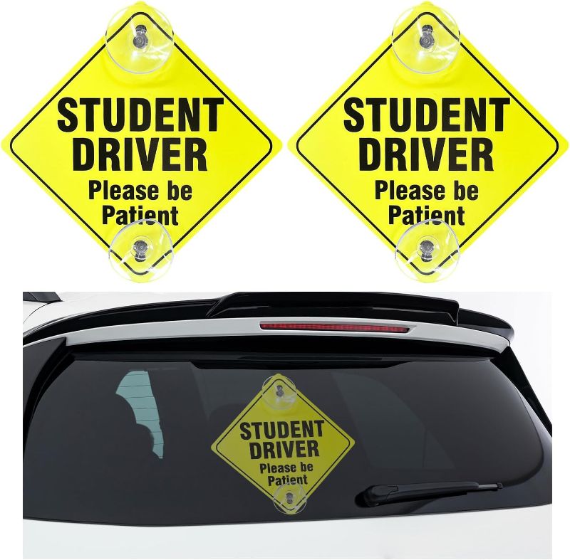 Photo 1 of 3 PCS Student Driver Sticker for Car Window, 5''×5'' Removable New Student Driver Safety Sign with Suction Cup, Please Be Patient Student Driver Decal Sticker for New Driver (Black)
