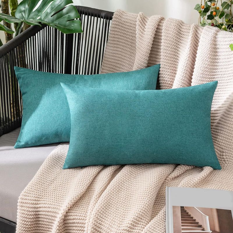 Photo 1 of *COVERS ONLY* MIULEE Pack of 2 Decorative Outdoor Solid Waterproof Throw Pillow Covers Polyester Linen Garden Farmhouse Cushion Cases for Patio Tent Balcony Couch Sofa 12x20 inch Turquoise
