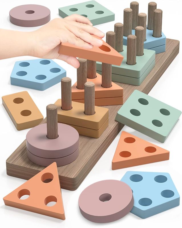 Photo 1 of Montessori Toys for 1 2 Year Old Boy and Girl, Shape Sorter Wooden Toys for Toddlers 1-3, Toddler Toys Age 1-2, 1 2 Year Old Girl Boy Gifts, Education Toddler Puzzles Toys - Coffee
