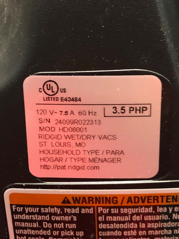 Photo 5 of ***USED - LIKELY MISSING PARTS - UNABLE TO VERIFY FUNCTIONALITY***
RIDGID 6 Gallon 3.5 Peak HP NXT Wet/Dry Shop Vacuum with Filter, Locking Hose and Accessories