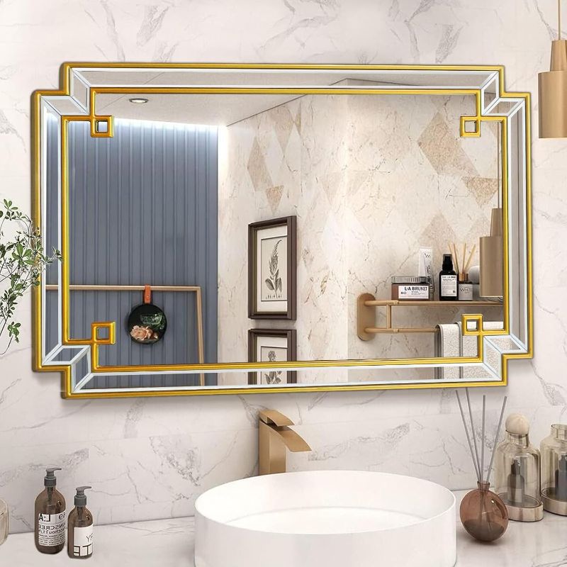 Photo 1 of 30"x40" Wall Mirror for Bathroom, Gold Rectangle Bathroom Vanity Mirror with Wood Frame, Modern Decorative Wall Mirror for Living Room Bedroom Fireplace Entryway (Horizontal/Vertical)