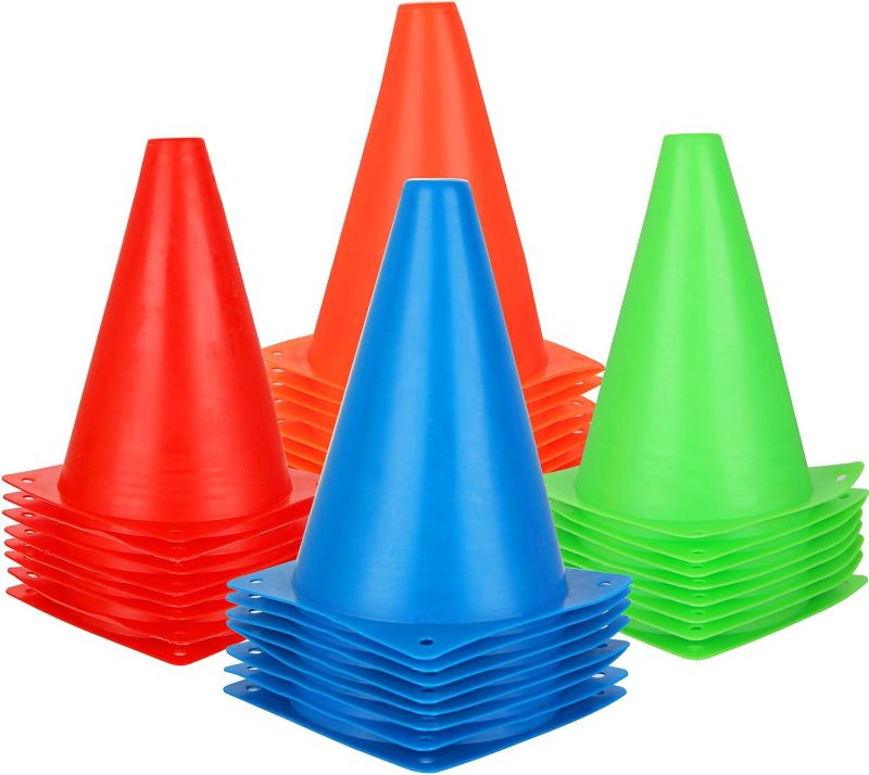 Photo 1 of 32 Pack Plastic Training Cones, 7 Inch Soccer Cones for Training, Agility Field Marker Plastic Cones for Soccer, Outdoor Indoor Activity (4 Colors)