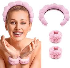 Photo 1 of Spa Headband for Washing Face,Sponge Skincare Face Wash Headbands with Face Wash Wristbands for Women Girls, Face Washing, Skincare, Shower, Makeup Removal (Pink)