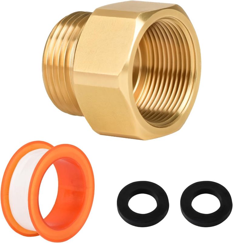 Photo 1 of 1 Pack Hose Bib Adapter Garden Hose Spigot Adapter 1-1/16 Inch Fine Thread Female to 3/4 GHT Male Hoses with Plumbers Tape and Rubber Washer, Brass
