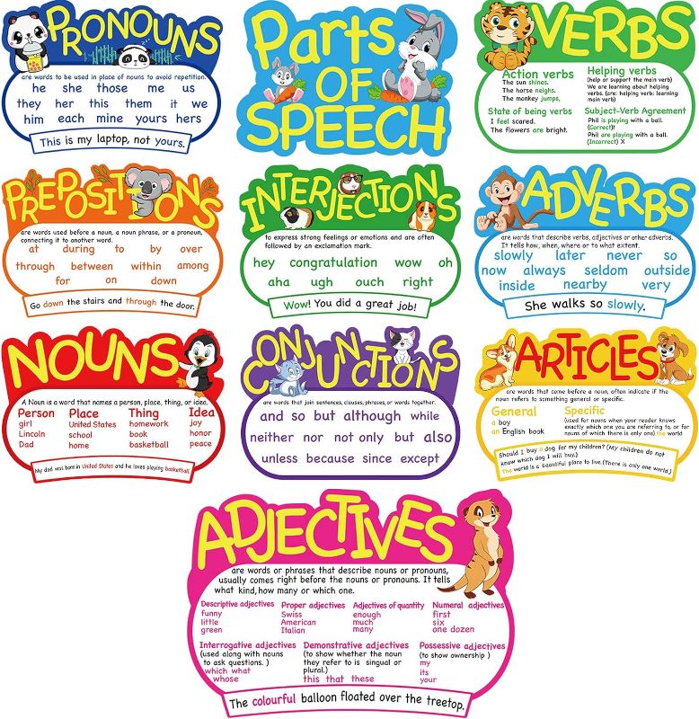 Photo 1 of 10 Pieces Parts of Speech Poster Grammar Poster Educational Grammar Cutouts Bulletin Board Set Classroom Must Haves for Teachers Elementary Homeschool Essentials, 16.5 x 11.5 Inches