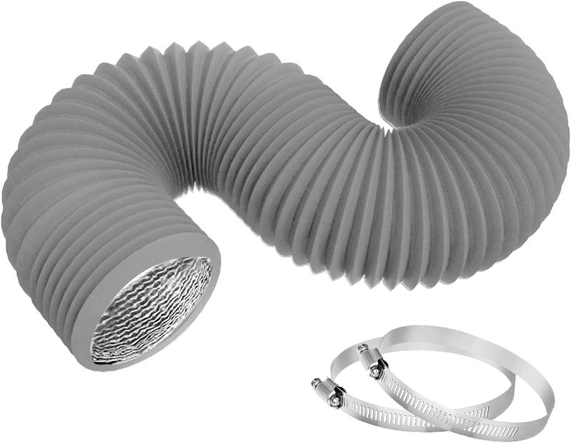 Photo 1 of 4 Inch 8FT Dryer Vent Hose,Flexible Insulated Air Ducting,Vent Hose PVC Aluminum Foil with 2 Clamps for HVAC Ventilation(Grey)
