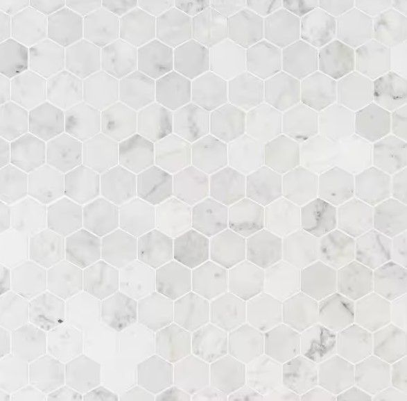 Photo 1 of Carrara White Hexagon 12 in. x 12 in. x 8mm Honed Marble Mesh Mounted Mosaic Tile (9.8 sq. ft./ case)