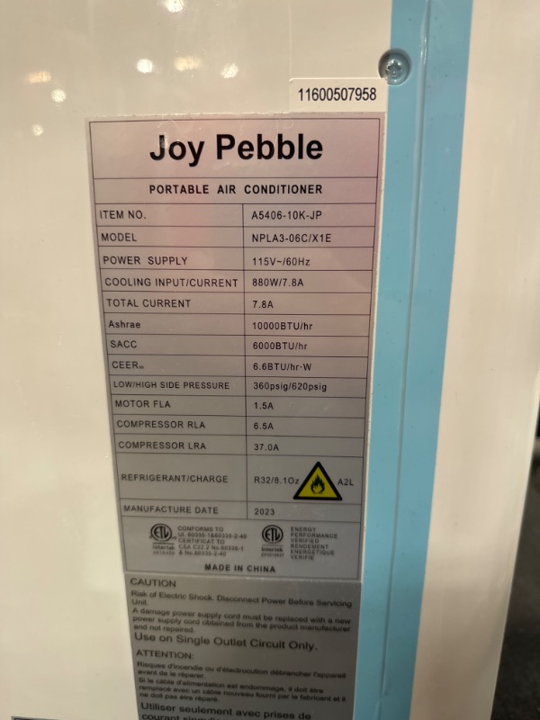 Photo 5 of **SEE NOTES** Joy Pebble Portable Air Conditioner, 10000 BTU for Room up to 450 sq. ft, Portable AC with Dehumidifier & Fan, 2 Fan Speeds, 24H Timer, Remote Control, Energy Efficiency 10000BTU