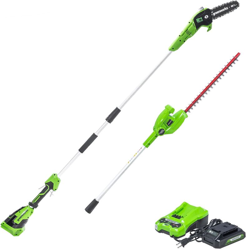 Photo 1 of **BATTERY AND CHARGER NOT INCLUDED**  Greenworks 24V 8" Cordless Polesaw + 20" Pole Hedge Trimmer Combo (Great For Pruning and Trimming Branches / Shrubs), 2.0Ah Battery and Charger Included