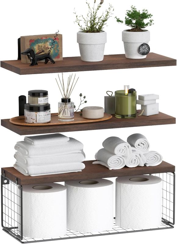 Photo 1 of ***USED - LIKELY MISSING PARTS - UNABLE TO VERIFY FUNCTIONALITY***
WOPITUES Bathroom Shelf Over Toilet, 24 Inch Floating Bathroom Shelf Wall Mounted with Wire Basket, Floating Shelf for Wall Décor-Rustic Brown