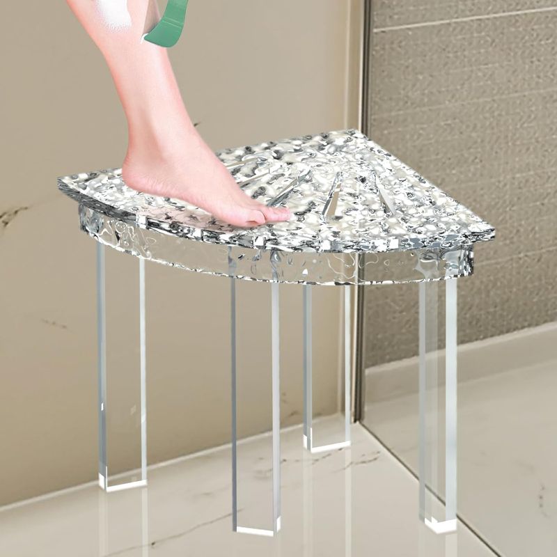 Photo 1 of Acrylic Corner Shower Stool for Shaving Legs 11.42" D X 11.42" W X 14.37" H, Triangle Shower Foot Rest with Storage Shelf, Heavy Duty, for Inside Shower, Waterproof Non-Slip 11.42" x 11.42" x 14.37"