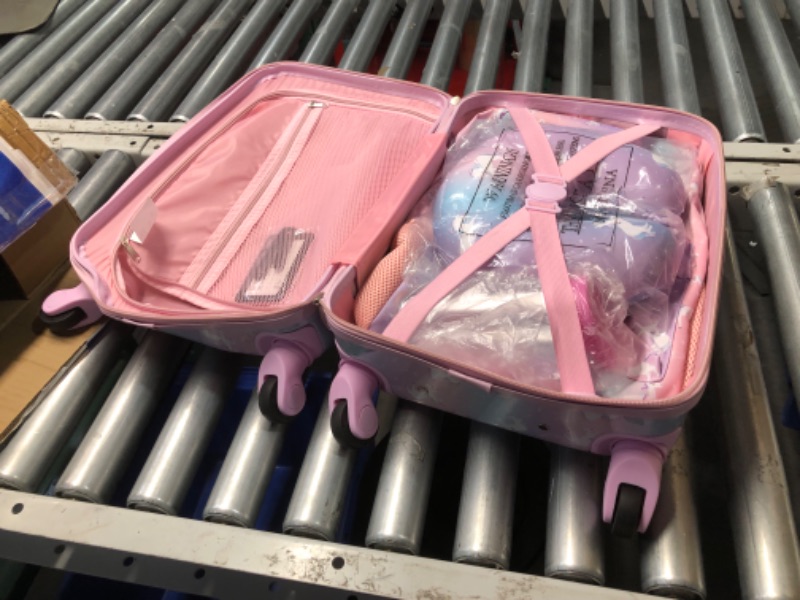 Photo 4 of ***DAMAGED - LUGGAGE BASHED IN - SEE PICTURES***
RALME 5 pc Girls Unicorn Rolling Suitcase Set with Backpack, Neck Pillow, Water Bottle, and Luggage Tag