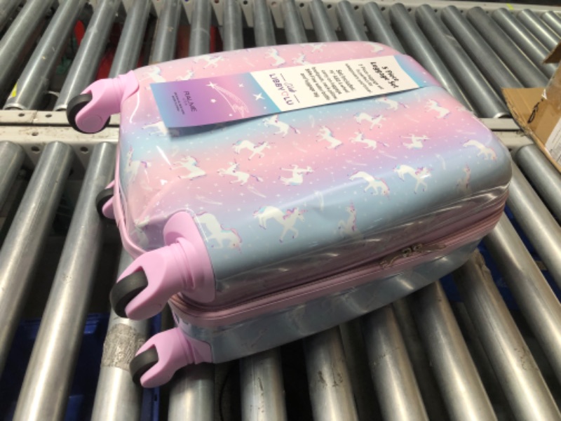 Photo 6 of ***DAMAGED - LUGGAGE BASHED IN - SEE PICTURES***
RALME 5 pc Girls Unicorn Rolling Suitcase Set with Backpack, Neck Pillow, Water Bottle, and Luggage Tag