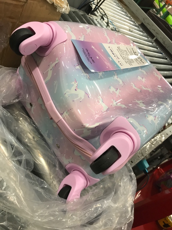 Photo 3 of ***DAMAGED - LUGGAGE BASHED IN - SEE PICTURES***
RALME 5 pc Girls Unicorn Rolling Suitcase Set with Backpack, Neck Pillow, Water Bottle, and Luggage Tag