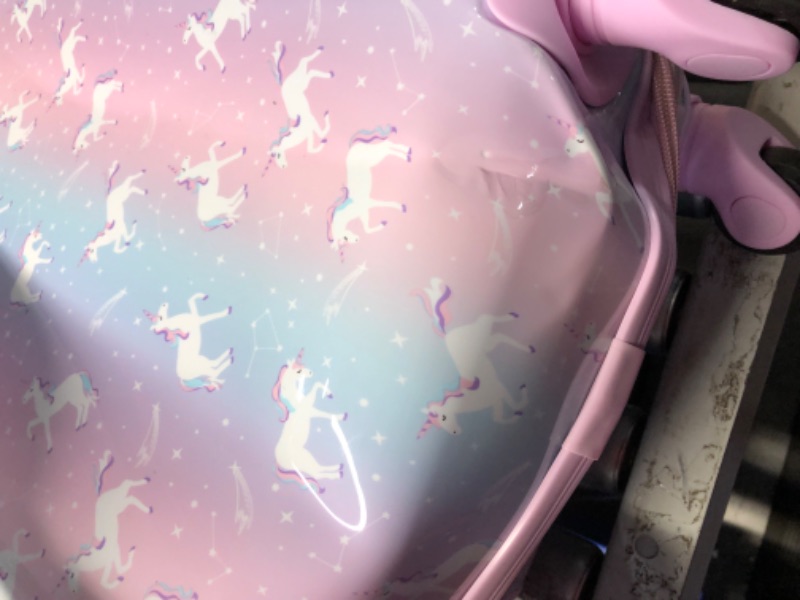 Photo 7 of ***DAMAGED - LUGGAGE BASHED IN - SEE PICTURES***
RALME 5 pc Girls Unicorn Rolling Suitcase Set with Backpack, Neck Pillow, Water Bottle, and Luggage Tag