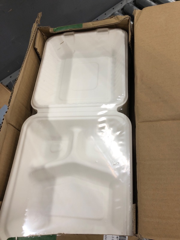 Photo 2 of 100% Home Compostable 50 Pack Disposable Clamshell Take Out Food Containers, 8X8'' 3-Compartment to go Containers, Heavy-Duty to go Boxes, Eco-Friendly Biodegradable, Made of Sugarcane Fibers 8X8'' 3-Compartment 50 Pack (White)