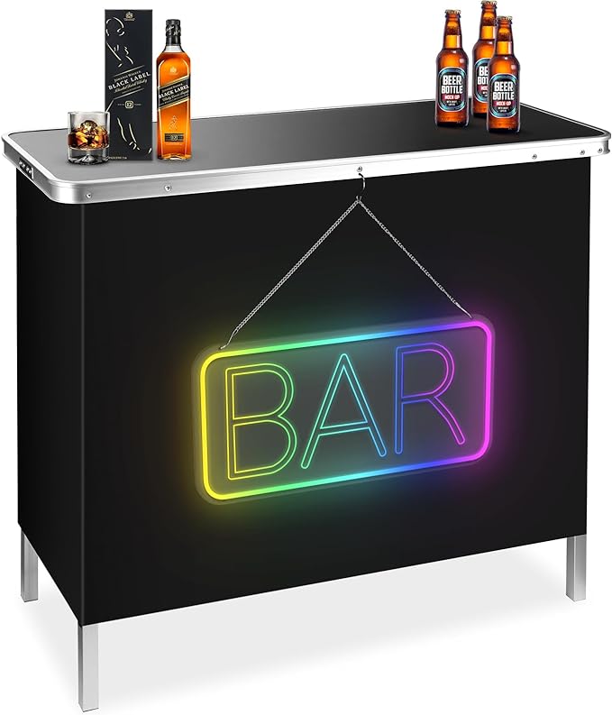 Photo 2 of BRILLIHOOD Portable Pop-Up Bar Table with Mirrored BAR Neon Sign, Music Sync Bar Table, LED Bar Sign & Table for Outdoor, Patio, Party, Picnic, Entertaining, Include Storage Shelf, Removable Skirt