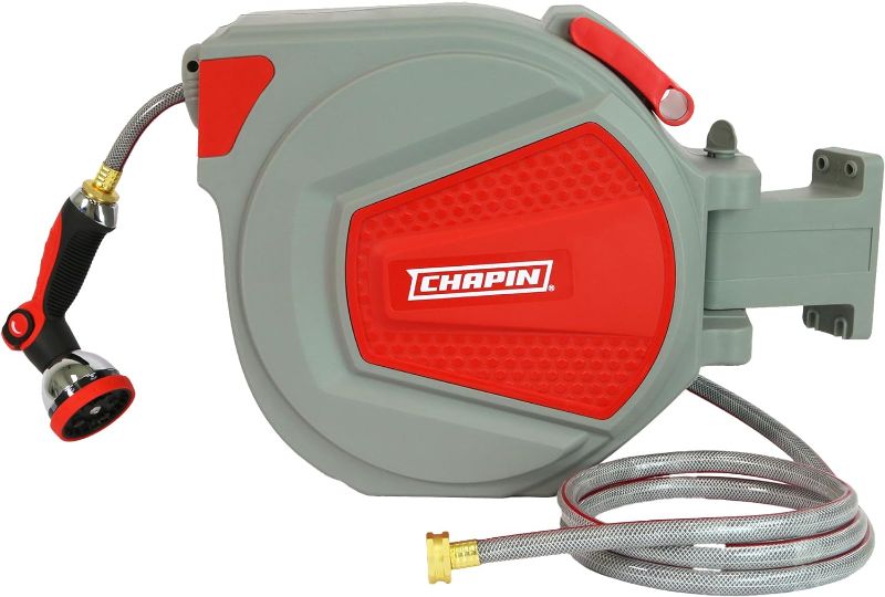 Photo 1 of Chapin 5999: 65 ft. Retractable Garden Hose Reel, Wall Mounted Heavy-Duty Case and 180° Swivel Frame Mount, Auto Retract and Locking Hose, w/ 10 Position Metal Garden Hose Spray Nozzle