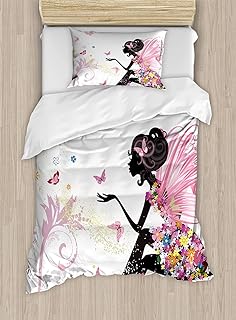 Photo 1 of Ambesonne Fantasy Duvet Cover Set, Modern Silhouette in a Floral Wings Surreal Garden Flying Butterflies Print Blushy, Decorative 3 Piece Bedding Set with 2 Pillow Shams, Twin Size, Multicolor