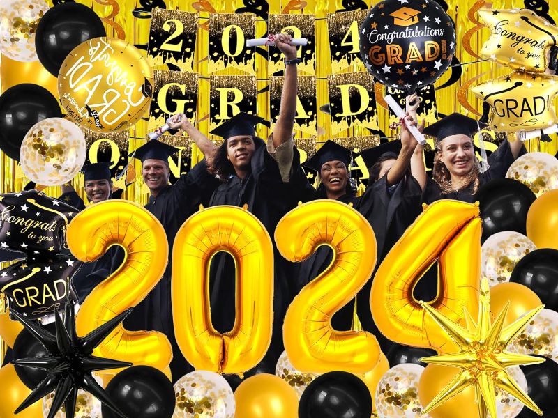 Photo 1 of 2024 Graduation Party Decorations, 70 PCS, 40" Gold 2024 Balloons, "2024 Congrats Grad" Banner, 12 Black & Gold Hanging Swirls, 2 Foil Curtains Backdrops with 28 Latex Ballons, Save Time & Energy
