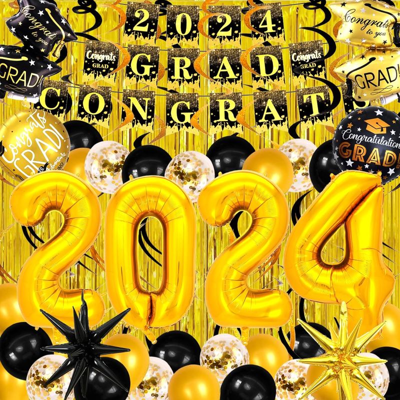 Photo 1 of 2024 Graduation Party Decorations, 70 PCS, 40" Gold 2024 Balloons, "2024 Congrats Grad" Banner, 12 Black & Gold Hanging Swirls, 2 Foil Curtains Backdrops with 28 Latex Ballons, Save Time & Energy
