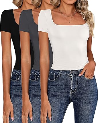 Photo 1 of 3 Pack Women's Short Sleeve Crop Tops, Square Neck Cropped Tops Tight Slim Fitted Crop Shirts Y2K Workout Basic Tees Medium