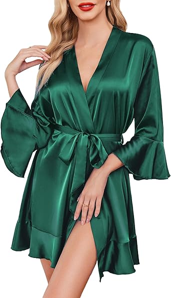 Photo 1 of Aynoltb Women's Kimono Robes V-neck Sleepwear Pure Short Silky Bathrobe Short Satin Pure Color Bridal Party Sleeprobe - M 