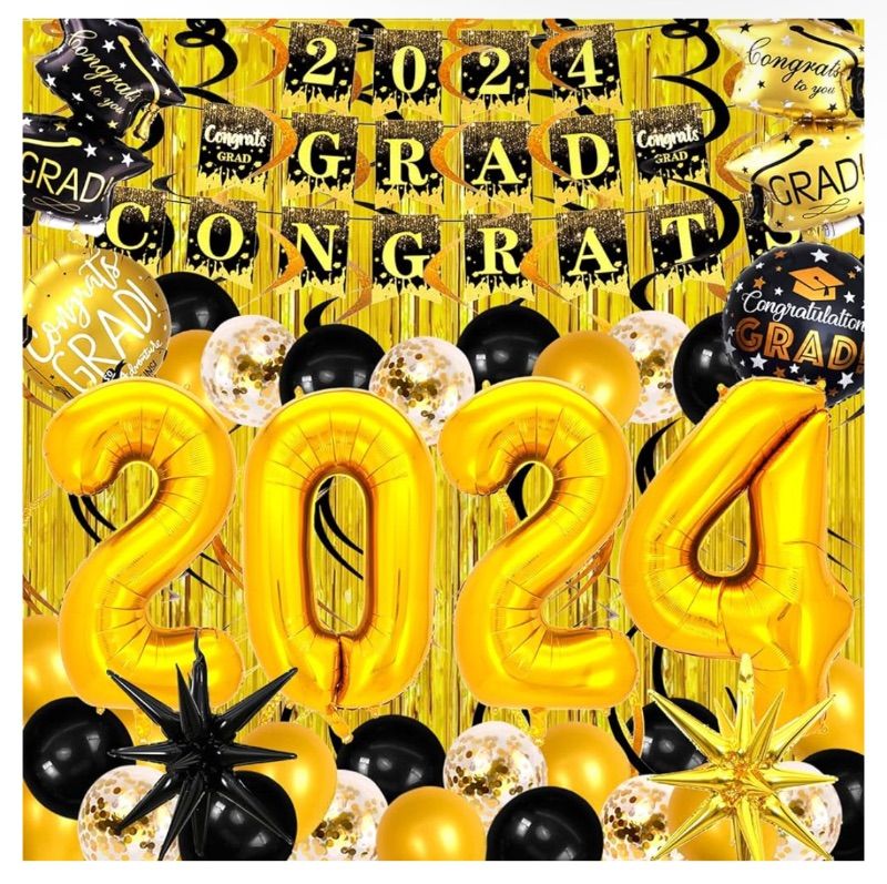 Photo 1 of 2024 Graduation Party Decorations, 70 PCS, 40" Gold 2024 Balloons, "2024 Congrats Grad" Banner, 12 Black & Gold Hanging Swirls, 2 Foil Curtains Backdrops with 28 Latex Ballons, Save Time & Energy