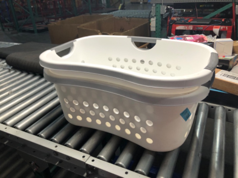 Photo 1 of ***USED - SCRATCHED AND DIRTY - NO PACKAGING - SEE PICTURES***
(2 Pack) IRIS USA 50L Plastic Hip Hold Laundry Basket Hamper Organizer with Built-In Comfort Carry Handles, 1.4 Bushel, for Closet, Dorm, Laundry Room, Bedroom, Nestable, Ventilation Hole, Lar