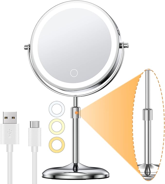 Photo 1 of  Lighted Makeup Mirror with Magnification 10X, Height Adjustable & 3 Color Dimmable Lights 7" Cosmetic Mirror, 360° Swivel Double Sided Rechargeable LED Vanity Mirror Cordless Standing Mirror