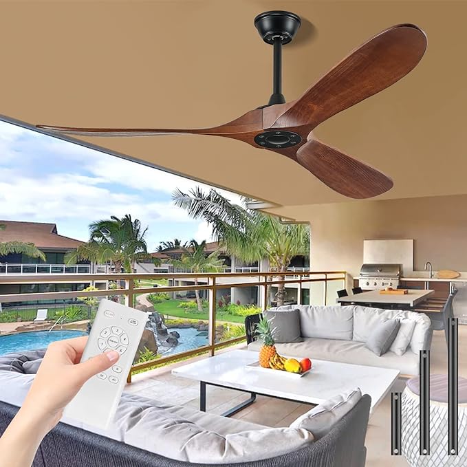 Photo 1 of 52" Ceiling Fans Without Lights, Solid Wood Ceiling Fan with Remote Control and DC Motor, Ceiling Fan no Light with 3 Blades, Indoor Outdoor Ceiling Fans for Patios, Bedroom- Dark Walnut