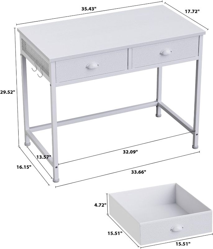 Photo 1 of 
Furologee White Small Computer Desk with 2 Fabric Drawers, 36 Inch Simple Home Office Writing Desk, Vanity Desk with Hooks, Study Desk for Bedroom Small Spaces
Size:36 Inch