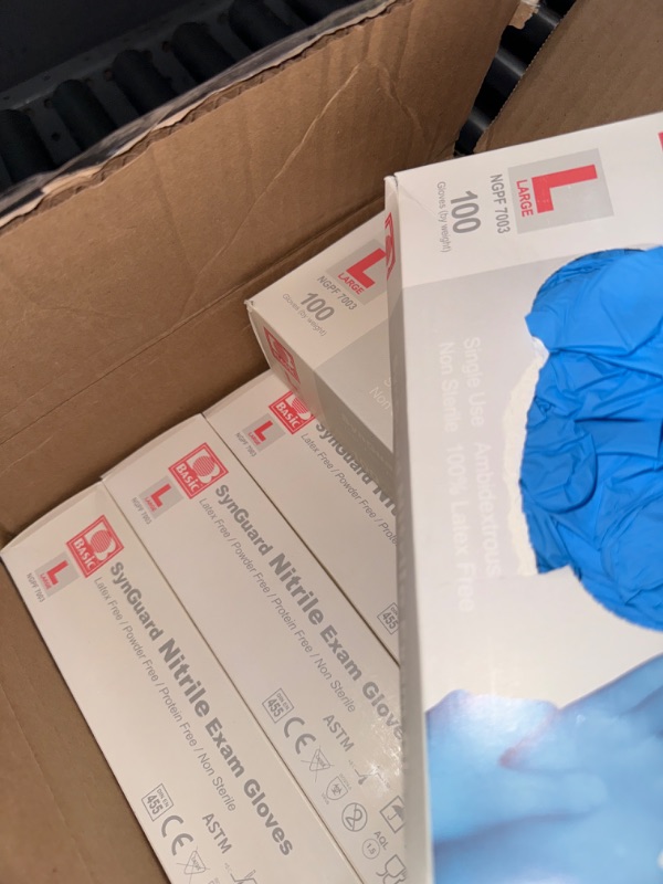 Photo 2 of *MISSING BOXES & 1 BOX OPENED** Basic Medical Blue Nitrile Exam Gloves - Latex-Free & Powder-Free - NGPF-7003 (Box of 100), Large Large (Blue) Large (Pack of 100) Large