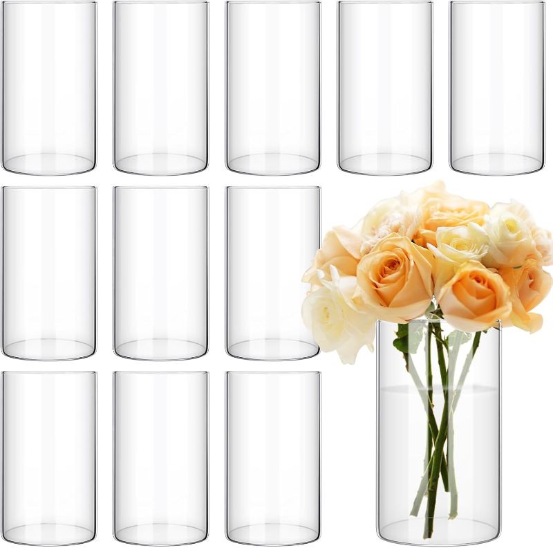 Photo 1 of 12 Pack Glass Cylinder Vases 6 Inch Tall Clear Flower Vase for Centerpieces, Hurricane Floating Candle Holder Wedding Decorations, Floral Vase Bulk for Table Shelf Party Home Deco (6 x 3.35 Inch)