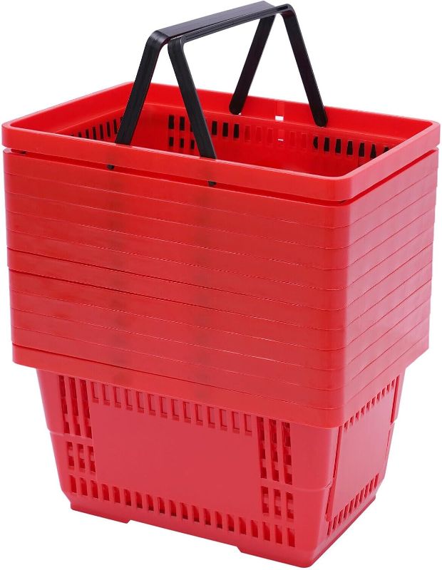 Photo 1 of 12 Pcs Shopping Baskets 20 L Plastic Shopping Baskets with Handles 16.9 * 11.8 * 9.1 Inches Store Baskets Retail Baskets with Handles for Market Grocery Supplies Thrift Convenience Storage (Red)